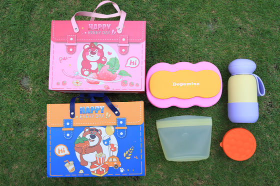 마카론 실리콘 점심 선물 세트 ️ 쪼개진 벤토 상자, 304 스테인레스 스틸 병, 실리콘 음식 가방 및 저장 용기 친환경 휴가 식탁용품