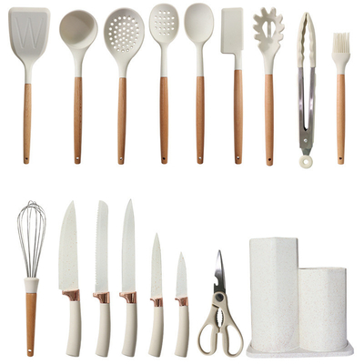 17pcs 실리콘 요리용품 부엌용품 세트 터너 손톱, 스파툴라, 스푼, 브러쉬, 휘스크, 목재 손잡이 기기