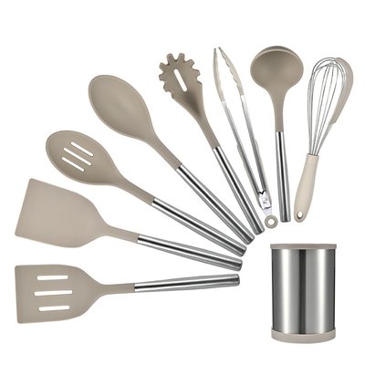 좋은 가격 9pcs 실리콘 요리 가구 세트 스티크가 없는 요리 가구 스테인리스 스틸 손잡이 터너 톱, 스파툴라, 스푼 브러쉬 온라인으로