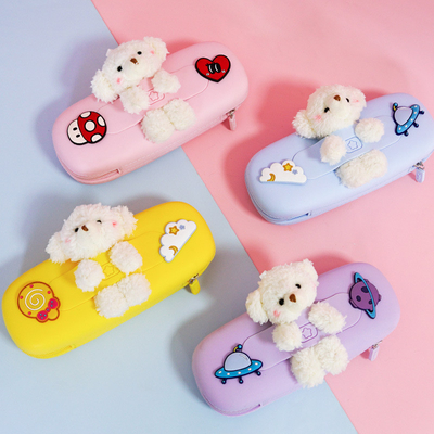 귀여운 곰 내구성 실리콘 연필 가방 소지 학교 용품 크리스마스 선물 연필 가방 소지 펜 소지 어린이 선물